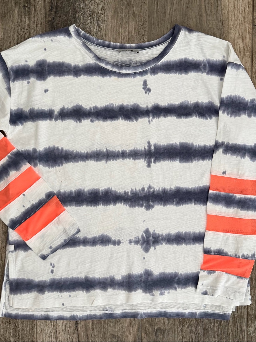 Lisa Todd White & Navy Tie-Dye Long Sleeve Top with Coral Stripe Mesh Sleeves
